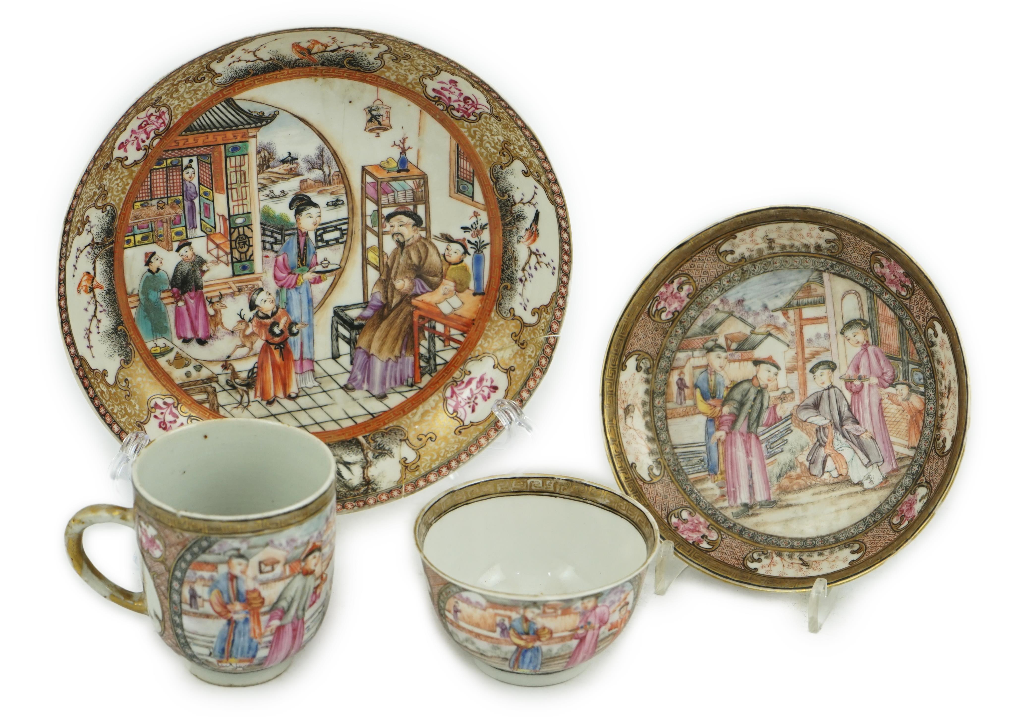 A Chinese ‘mandarin’ pattern tea bowl, coffee cup and saucer, Qianlong period